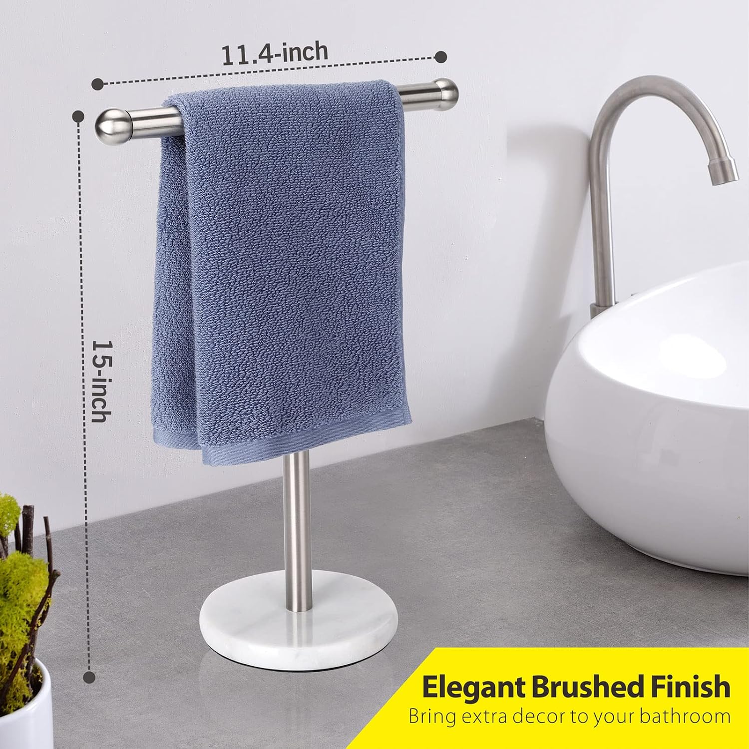 Hand Towel Holder Stand with Heavy Marble Base, T-Shape Towel Rack, Free-Standing for Bathroom Vanity Countertop, 304