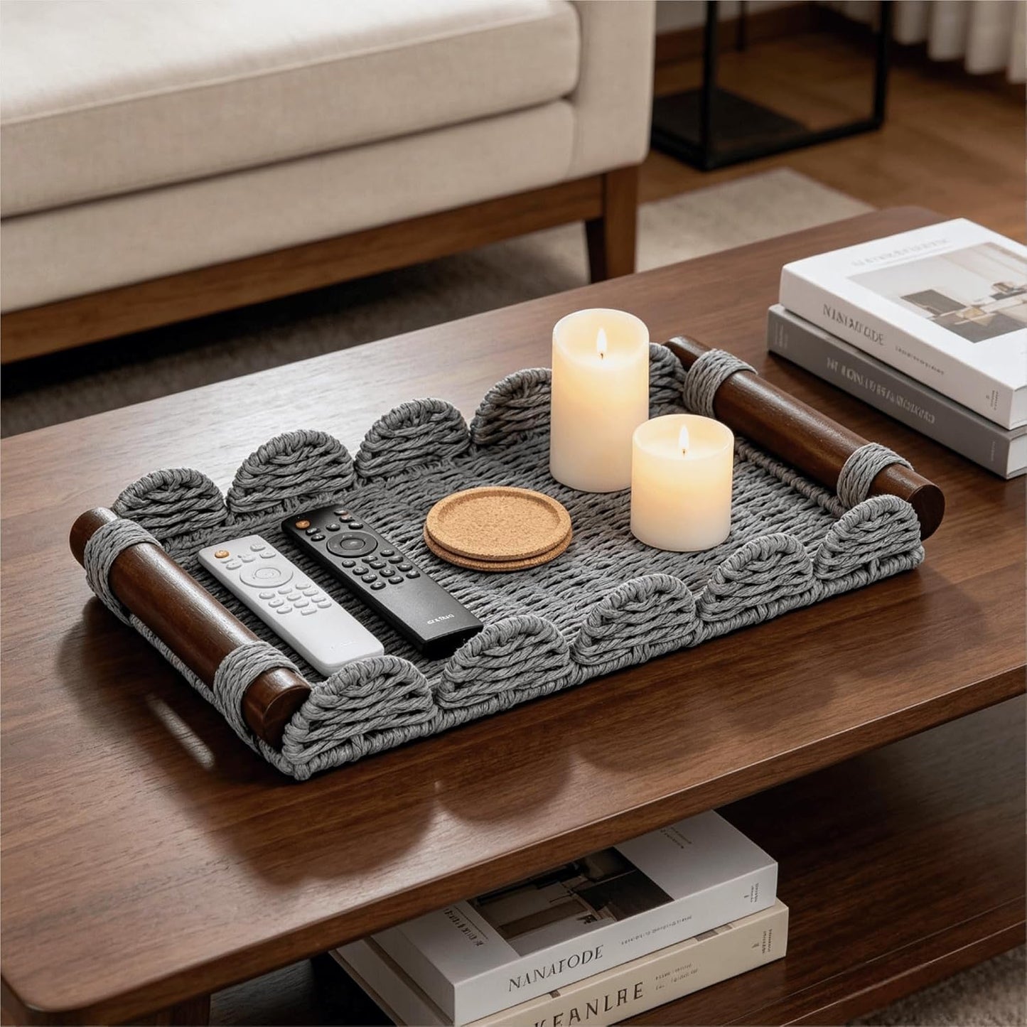 Scalloped Decorative Tray w/Wood Handle for Counter / Gray / 13 x 6.3 x 1.6