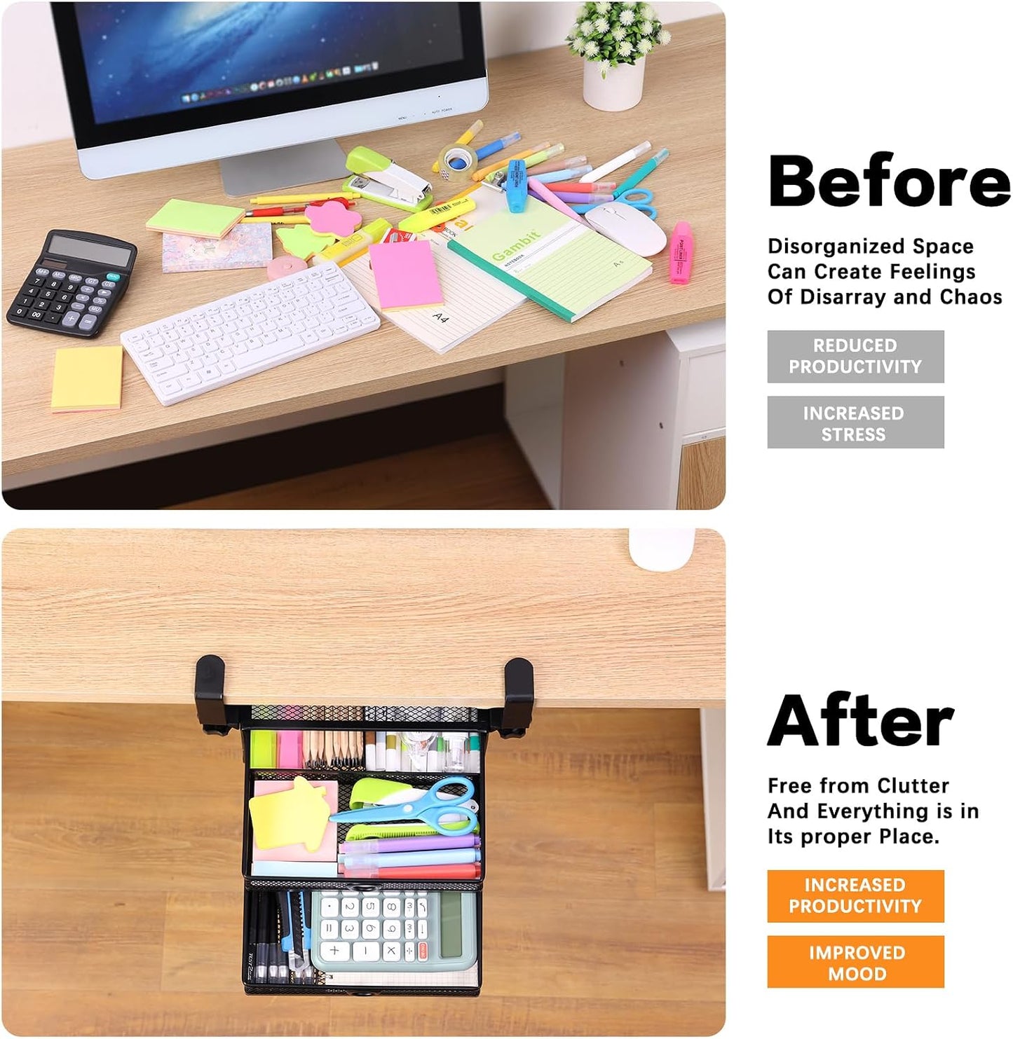 Under Desk Drawer, Clamp on Desk Organizer Slide Out Table Storage No Drill | 2Tier Under desk drawer: clamp on desk