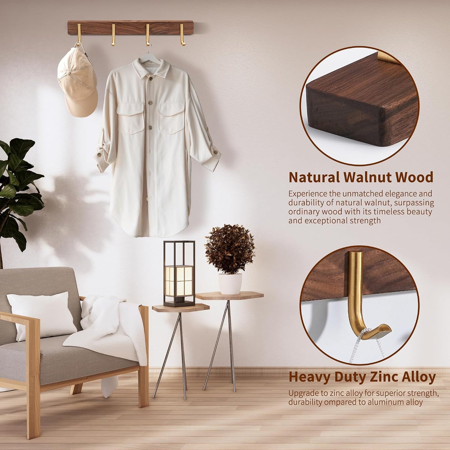 Wall Mounted Coat Rack, Metal Wood with 4 Hooks | Entryway Hanging, For Coat, Scarf, Bag, Towel, Key, Cap, Hat, Walnut