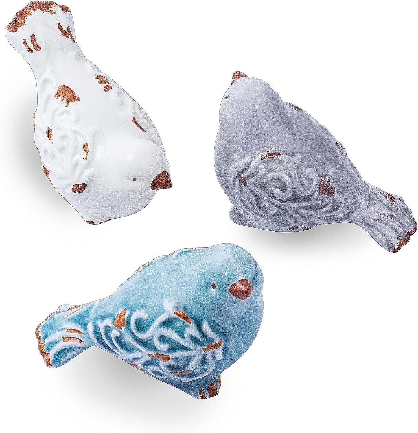 Distressed Finish Ceramic Bird Figurine Home Decor / 4.5 Inches Long x 3.5 Inches Tall / Set of 3