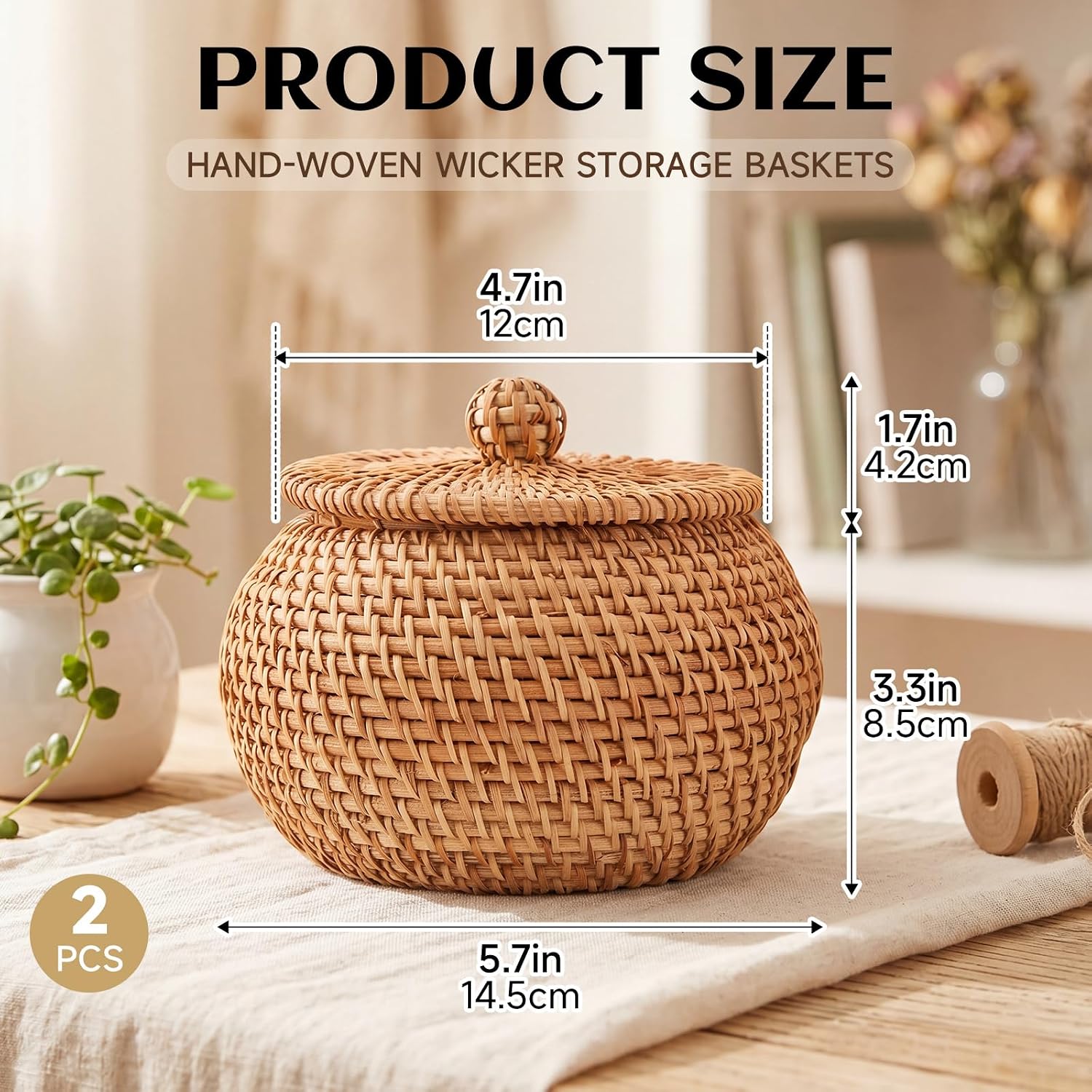 Handwoven Round Rattan Storage Baskets / Natural / Set of 2