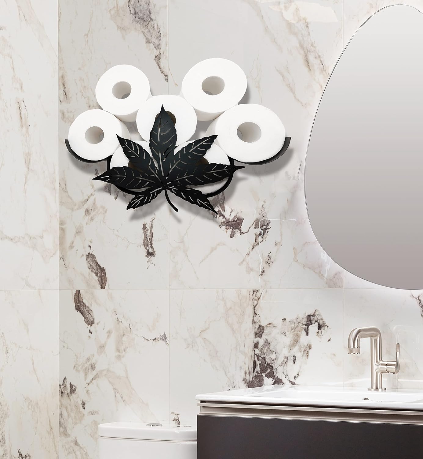 Metal Leaves Wall Toilet Paper Storage - Black Tissue Holder, Cute Wall Organizer for 8 Rolls