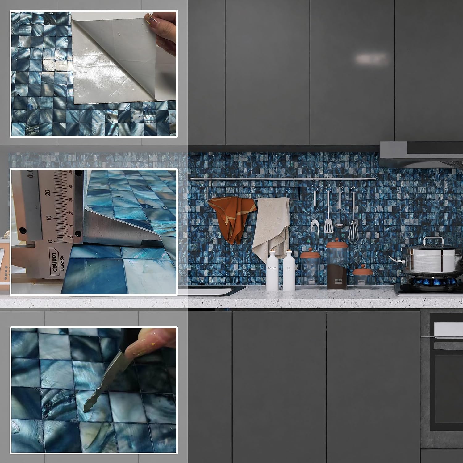 Mother of Pearl Mosaic Self Adhesive Tiles / Blue / Set of 10