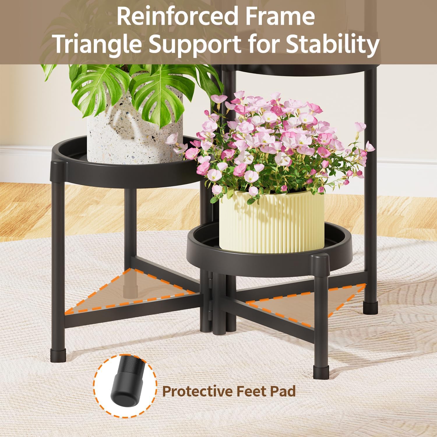 LASZOLA Plant Stand Indoor Outdoor Tall with Plastic Tray, 5 Tiers Black | Corner Folding Flower Display Rack, Modern