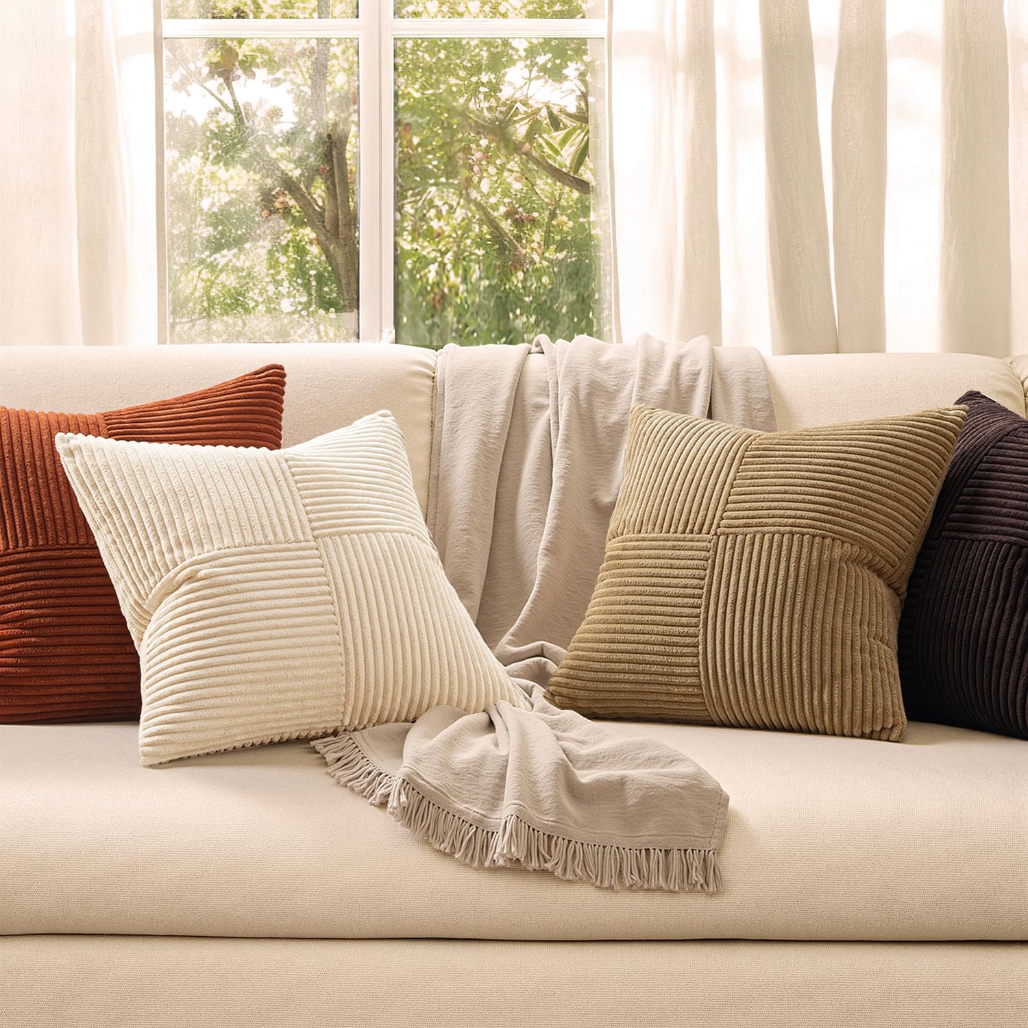 Throw Pillow Covers Boho Farmhouse Cushion Cases for Livingroom / 20 x 20 / Brown Beige / Set of 4