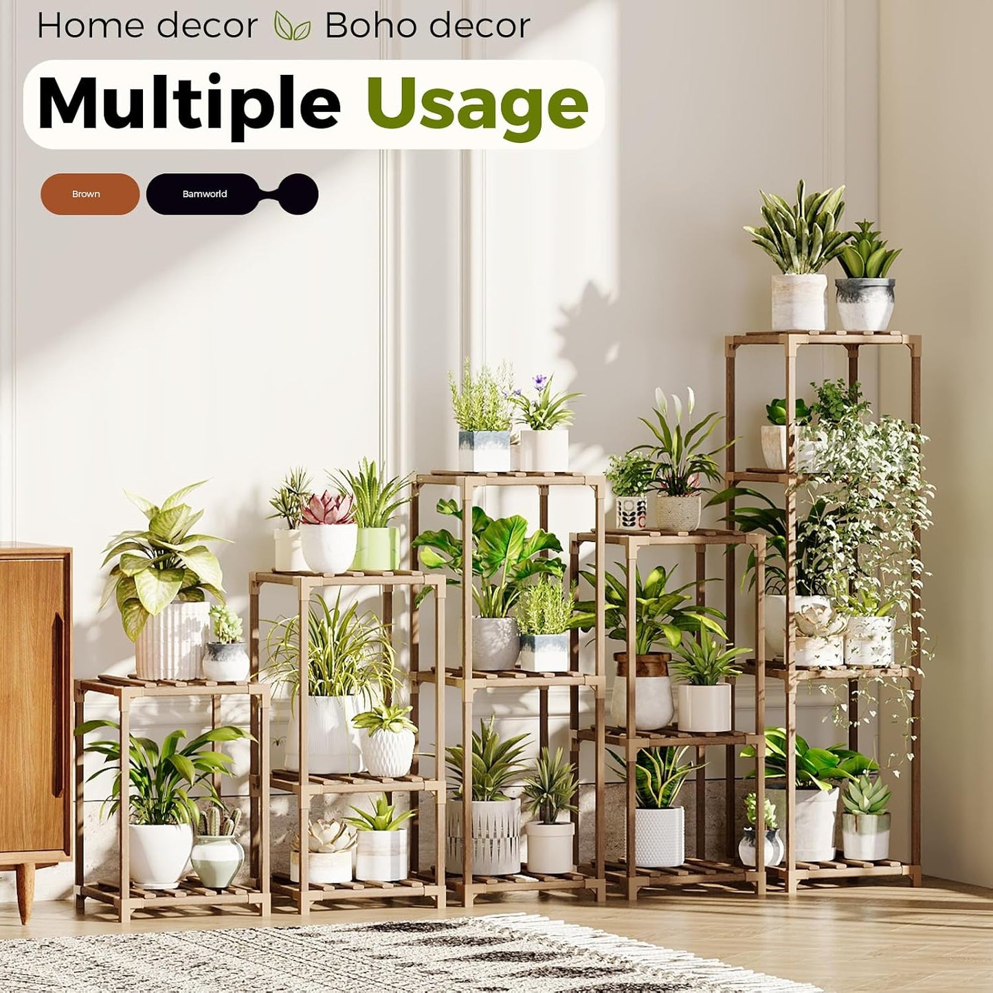 Bamworld Plant Stands Indoor 5 Sets Plant Shelves Outdoor | Wooden Plant Holder for Multiple Plants Flower Stands for
