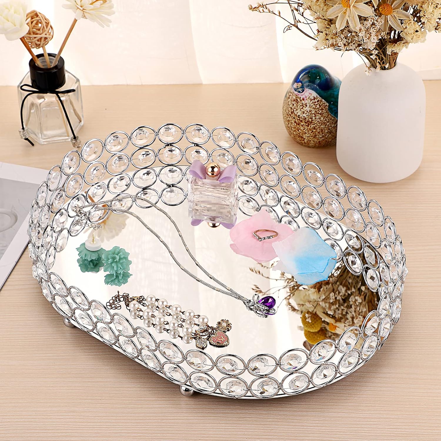 Crystal Vanity Tray Mirrored Dresser Perfume Trays for Makeup Tray / 11.8 x 8.7 x 2.3 / Silver