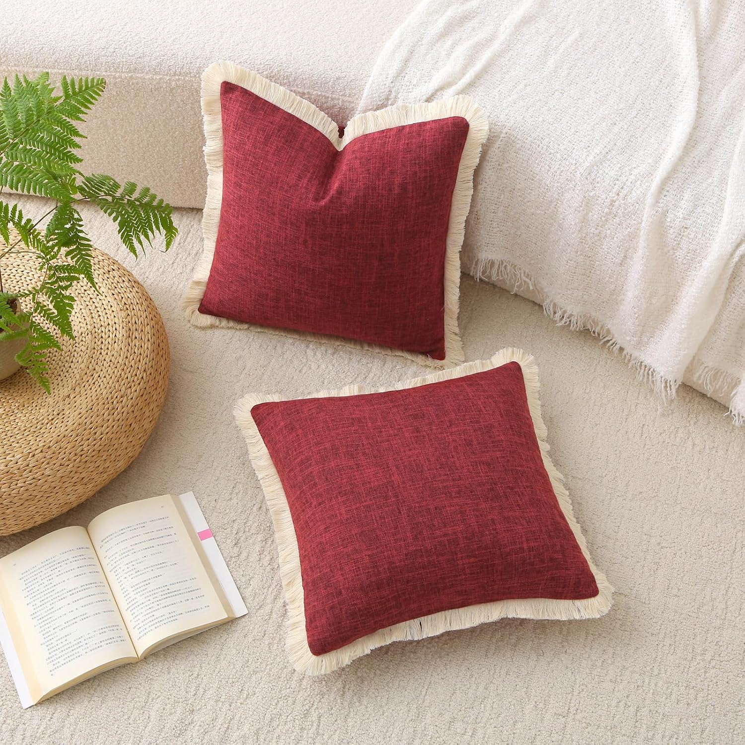 Rectangle Christmas Boho Decorative Throw Pillow Covers / Burgundy / 20 x 12