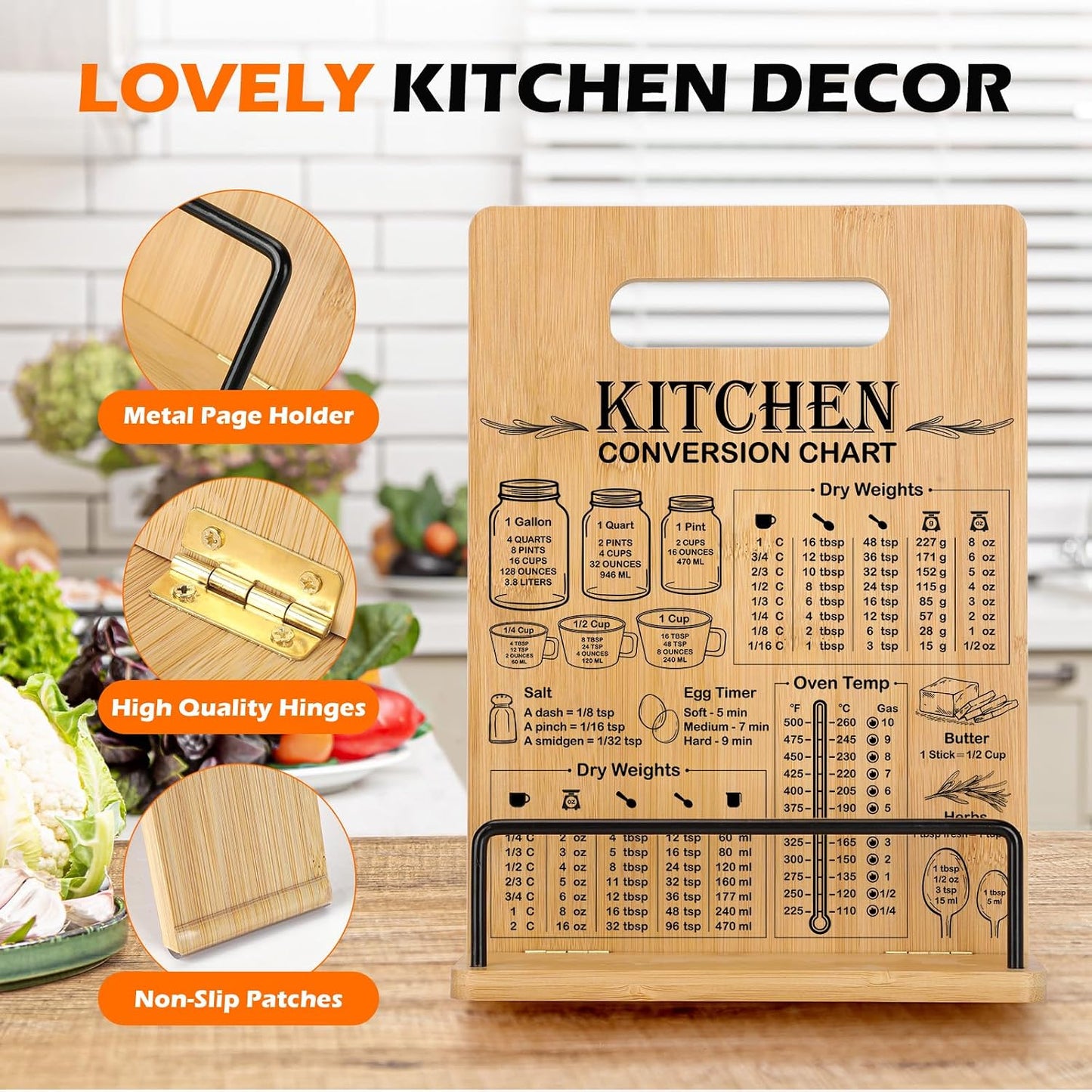Bamboo Cookbook Stand for Kitchen Counter, Adjustable Recipe Book Holder | Cookbook Holder with Measurement Conversion