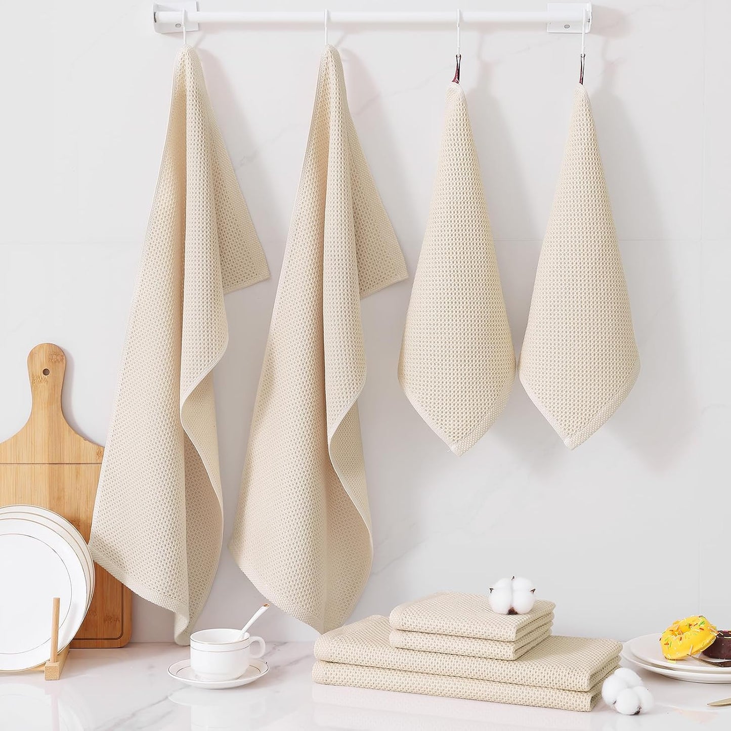 Homaxy 12 Pack 100% Cotton Kitchen Towels and Dishcloths Set, Beige | 12 x 12 Inches and 13 x 28 Inches Kitchen Towels