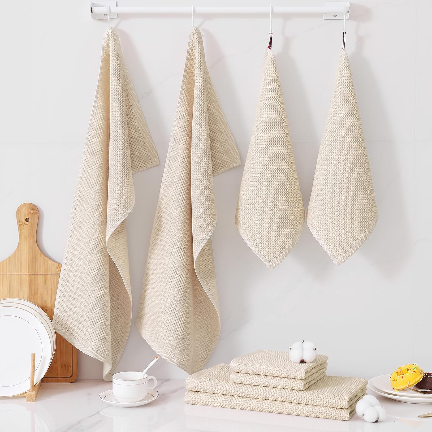 Homaxy 12 Pack 100% Cotton Kitchen Towels and Dishcloths Set, Beige | 12 x 12 Inches and 13 x 28 Inches Kitchen Towels
