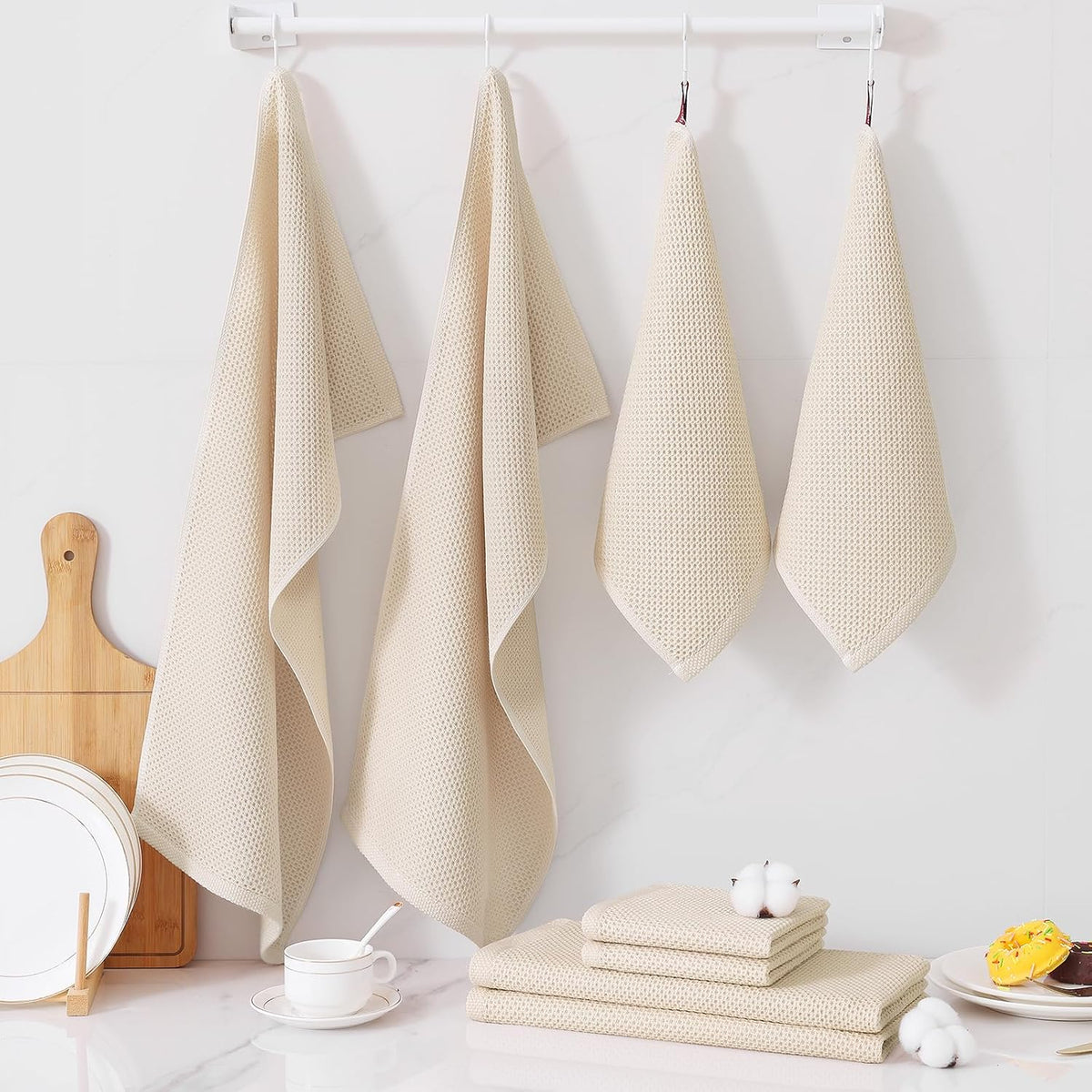 Homaxy 16 Pack 100% Cotton Kitchen Towels and Dishcloths Set, Beige | 12 x 12 Inches and 13 x 28 Inches Kitchen Towels