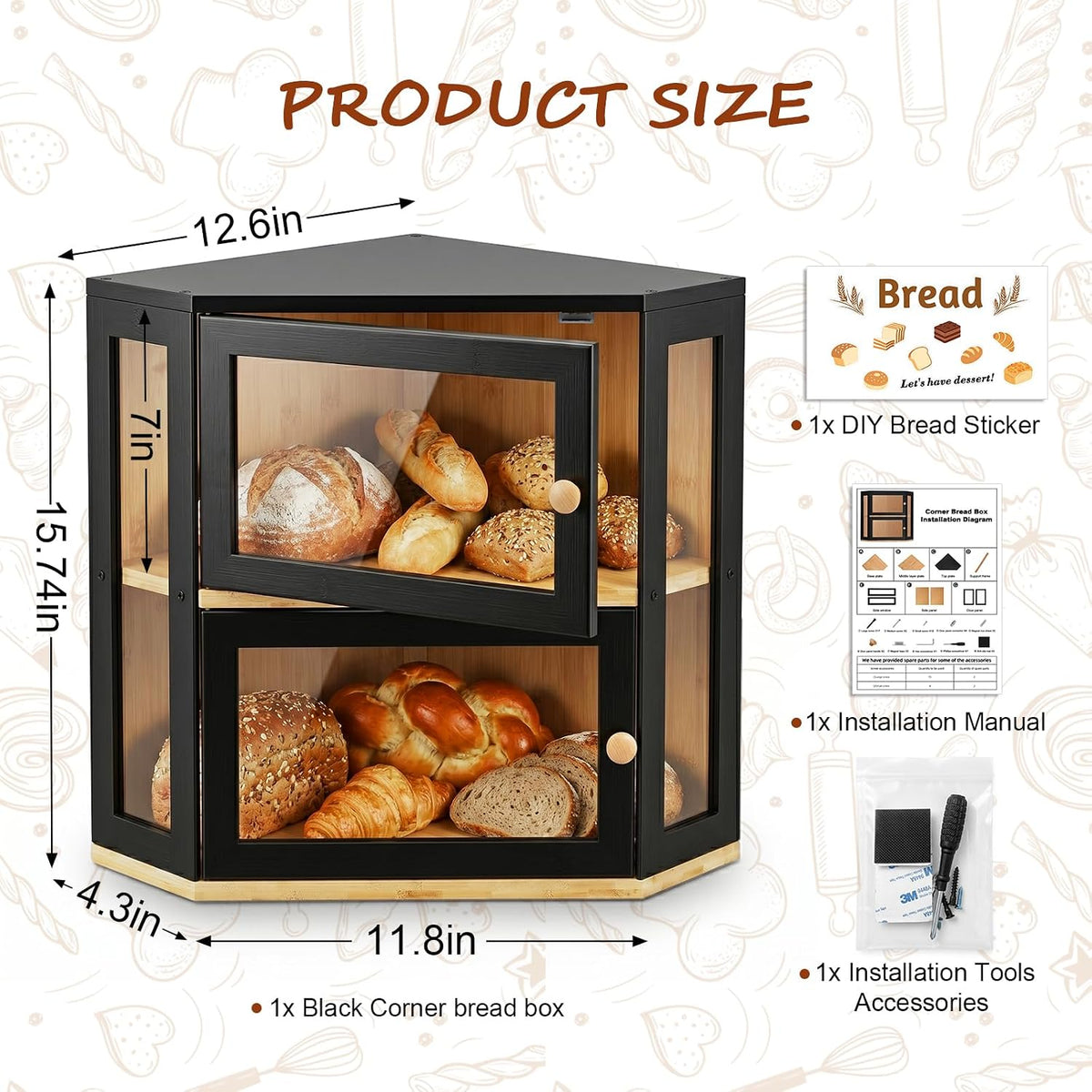 Black Corner Bread Box for Kitchen Countertop,Large Bread box | 2 Tier Bamboo Wood Corner Bread Box for Homemade Bread