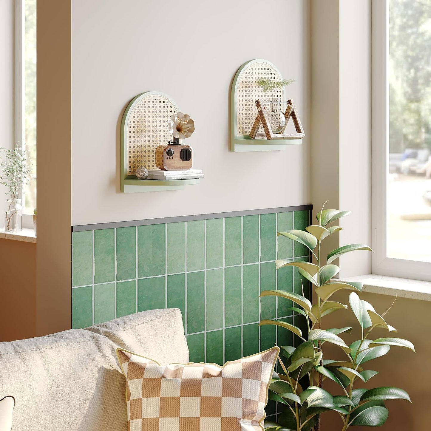 Boho Wall Decor Small Floating Shelf for Plant Figurines / Green / 9.25*5.41*11.61 Inch / Set of 2