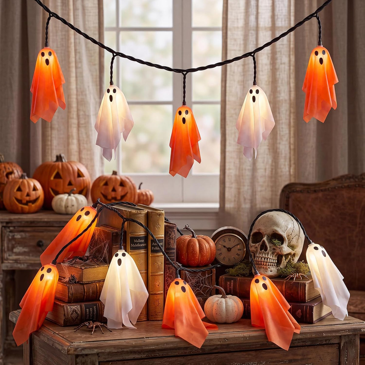8.5FT 10 LED Halloween Orange and White Fabric Ghost String Lights Outdoor