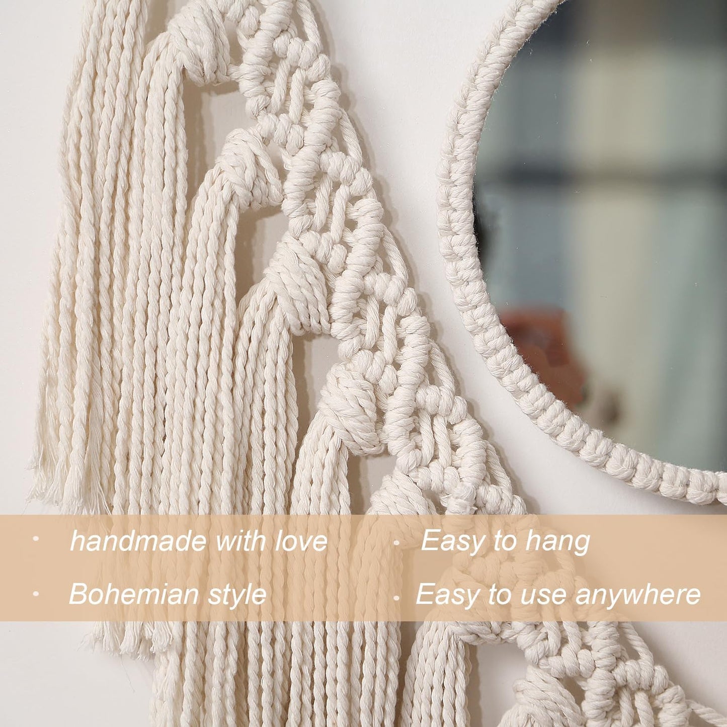 Boho Round Wall Mirror Macrame Wall Hanging Circle Hanging Mirror for Over Sink Bedroom Living Room