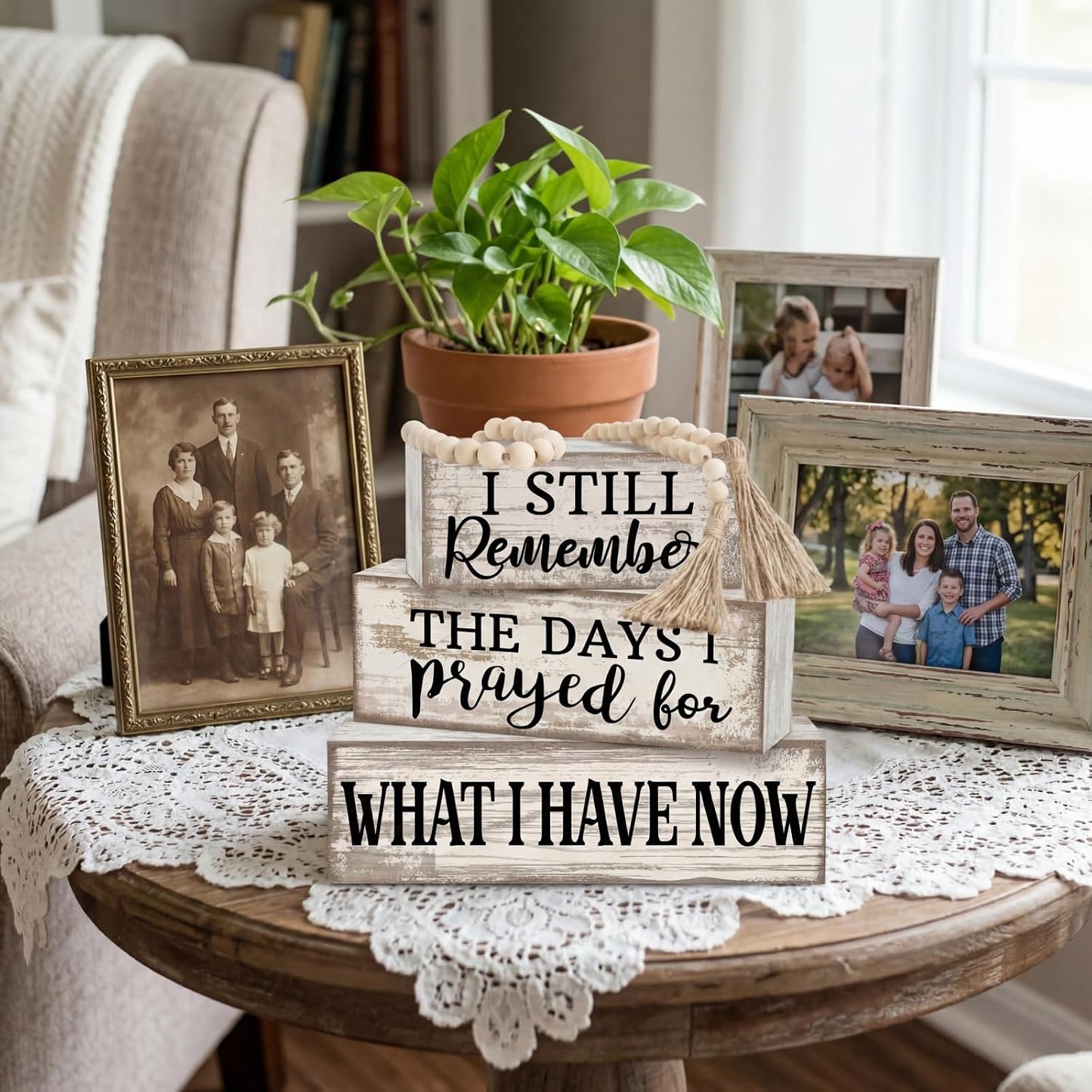 Farmhouse Wooden Tabletop Decor Rustic Retro Wood Bead Garland I Still Remember / Prayed / Set of 4