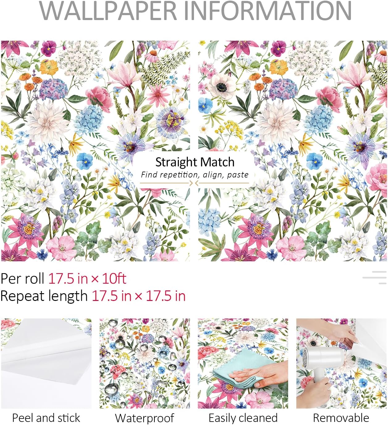 Wallpaper Watercolor Peony Hydrangea Daisy Poppy / 17.5 x 10 / Ft / Multicolor Floral / Pink