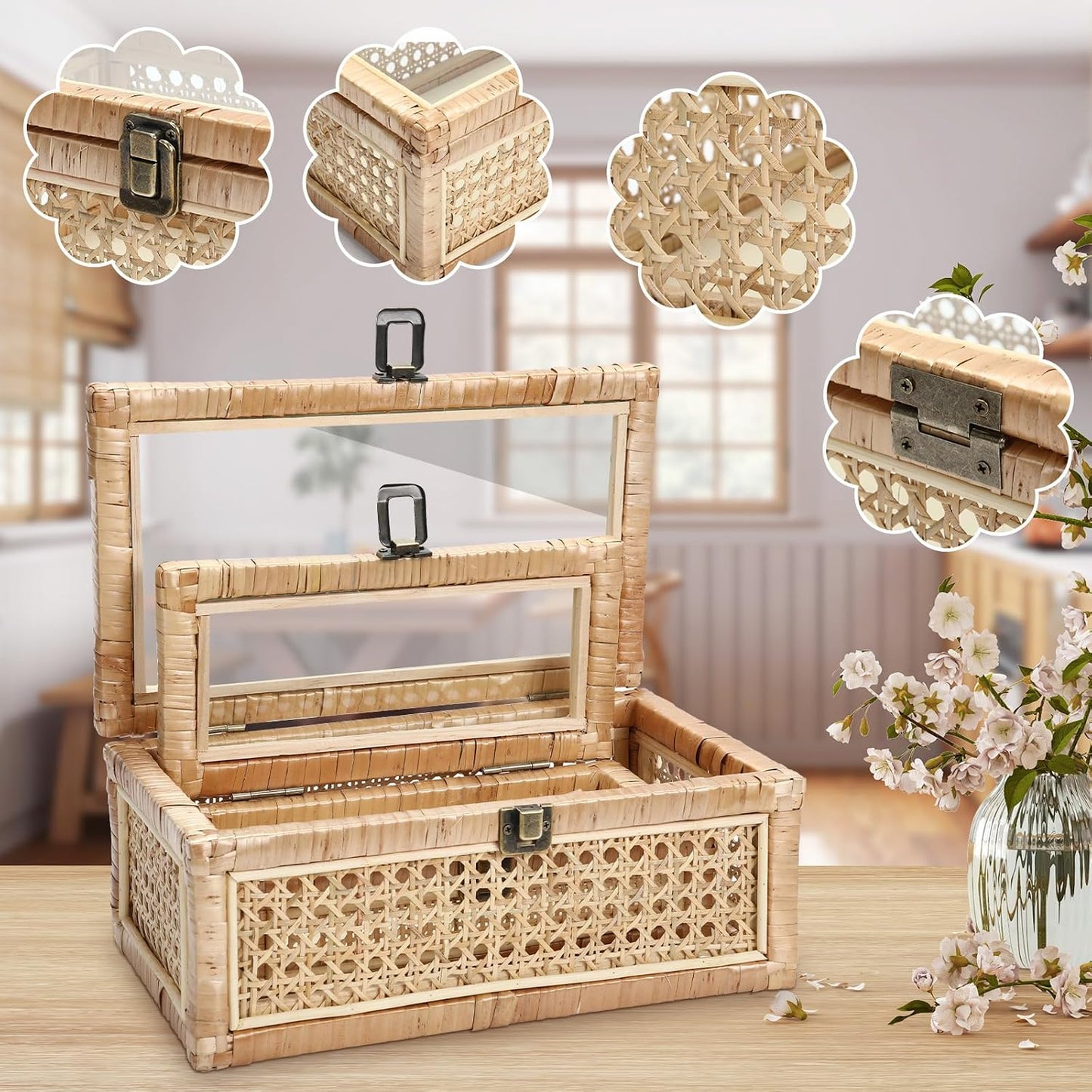 Glass Lid Rectangular Woven Cane Stacking Boxes for Display Rustic Farmhouse / Set of 2