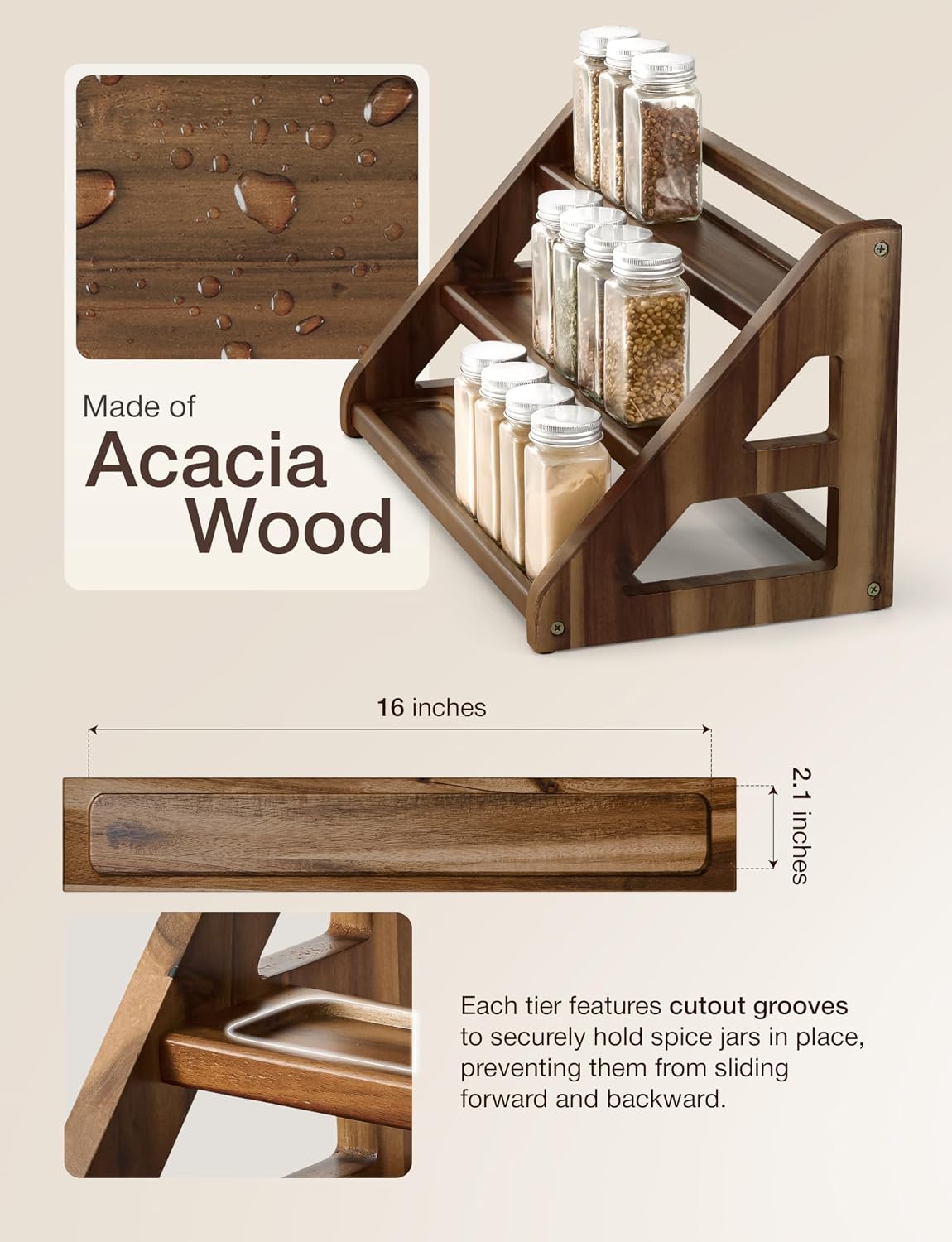 Tinamo Acacia Wood Spice Rack, 3-Tier Spice Rack Organizer for Countertop | Solid Acacia Wood, 3-tier Spacious Design