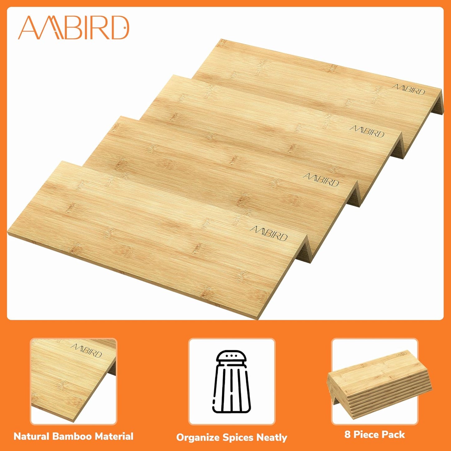 AMBIRD Bamboo Spice Drawer Organizer with Non-slip Mat,4 Tier - 2 Set Jar Spice Rack Tray From 9.5''to 19'', Seasoning