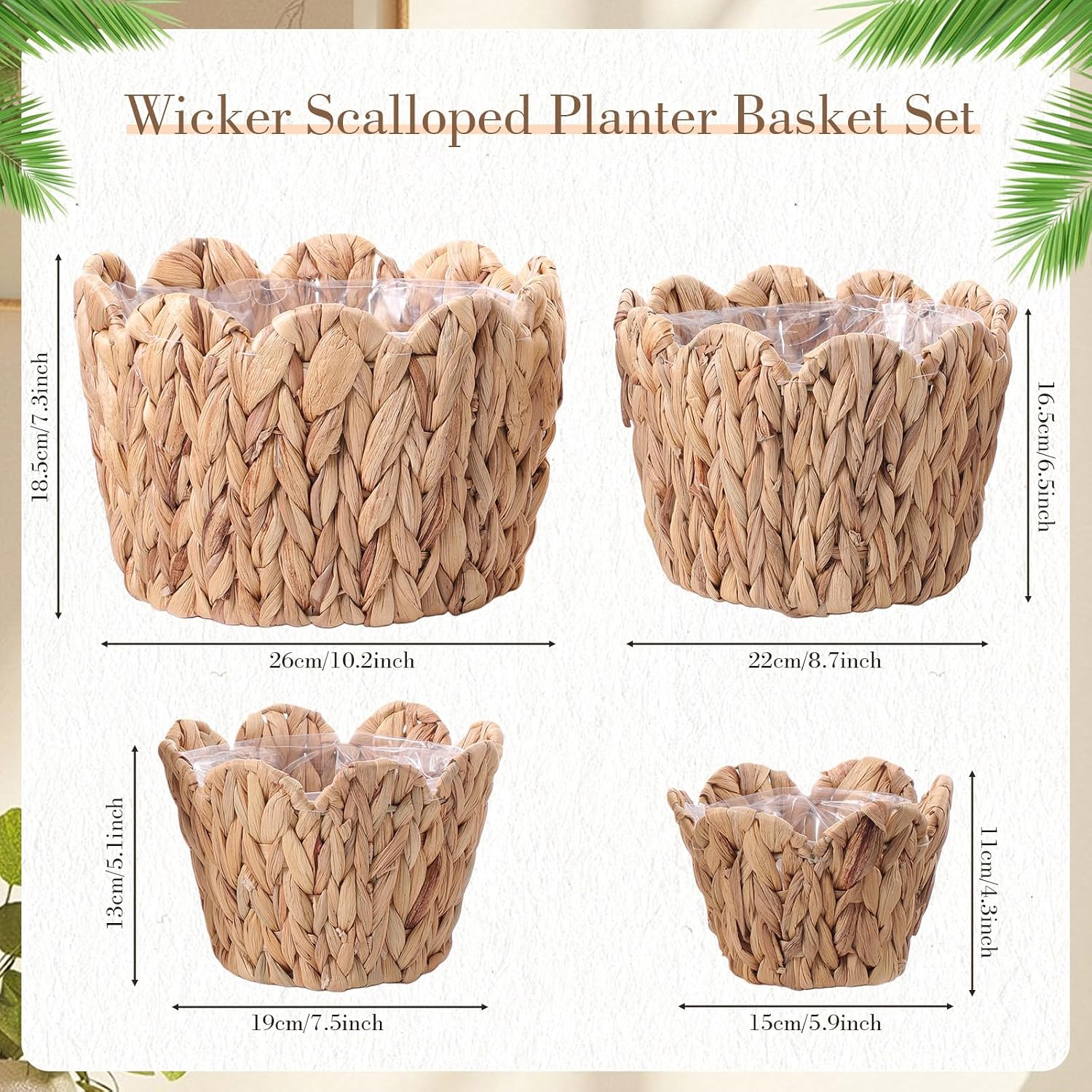 Scalloped Wicker Plant Basket Water Hyacinth Plant Baskets Hand Woven Flower / Untrim / Set of 4