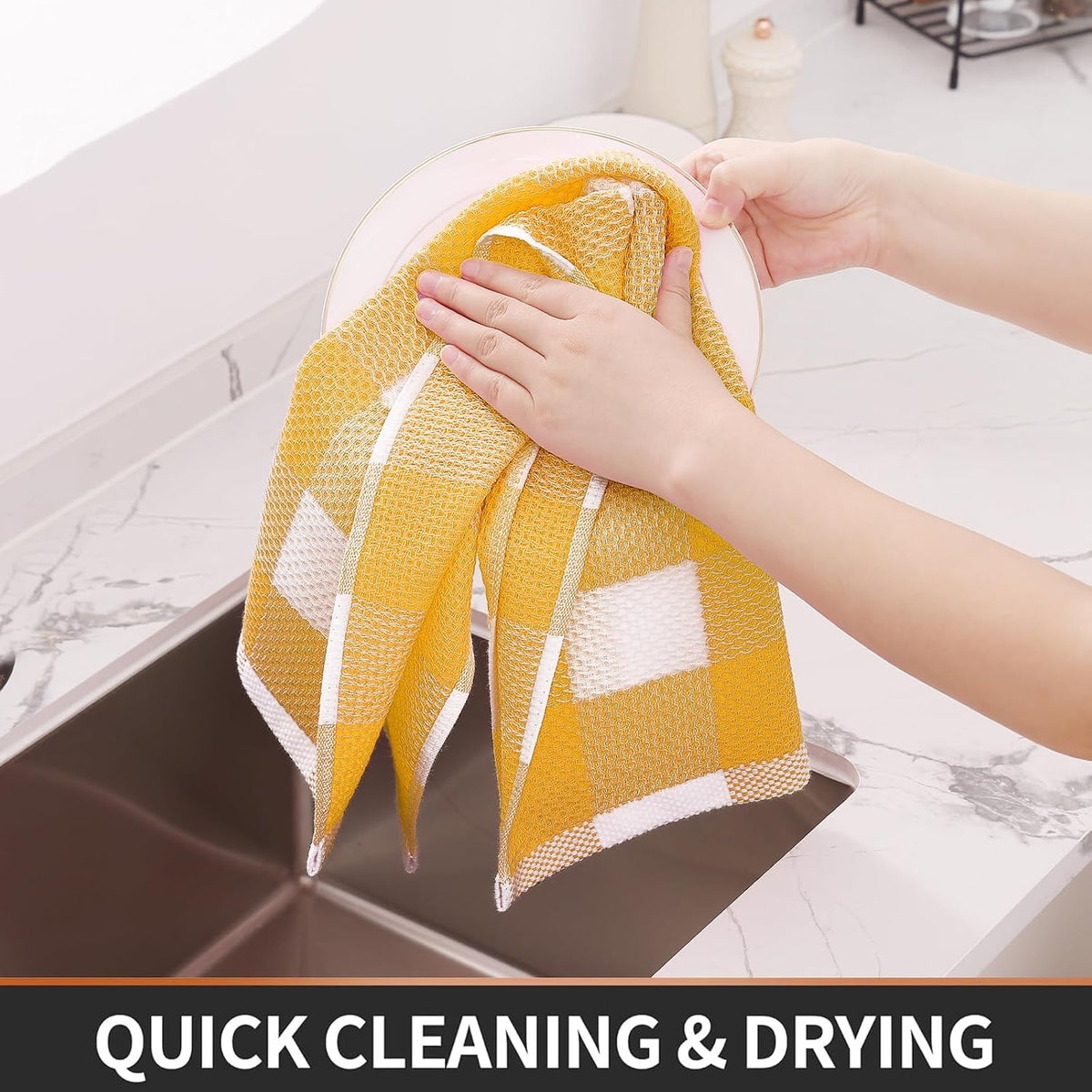 Homaxy Kitchen Towels and Dishcloths Set, Set of 10, White & Golden Yellow | Bulk Cotton Waffle Weave Check Plaid