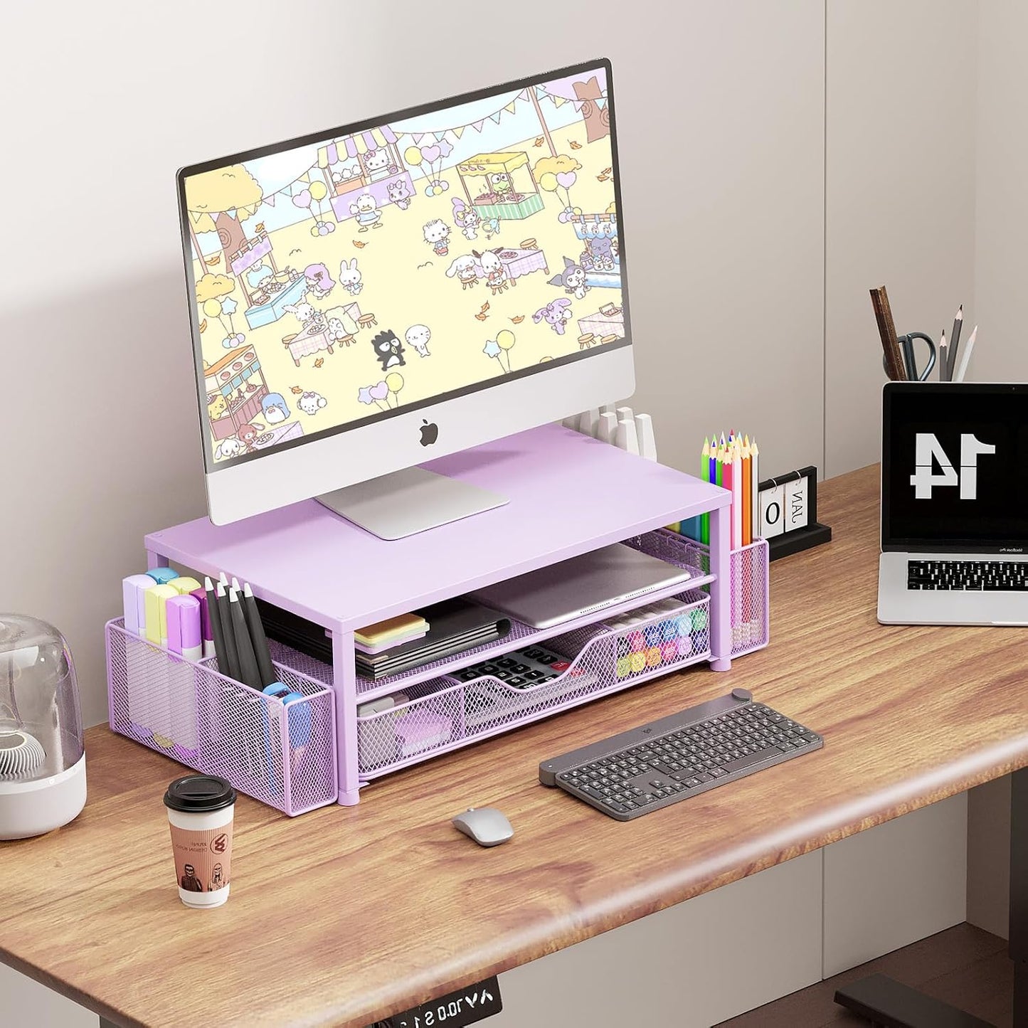 Desk Organizer and Accessories, 2-Tier Computer Monitor Stand Riser with Drawer and 2 Pen Holders, Laptop Stand, Office