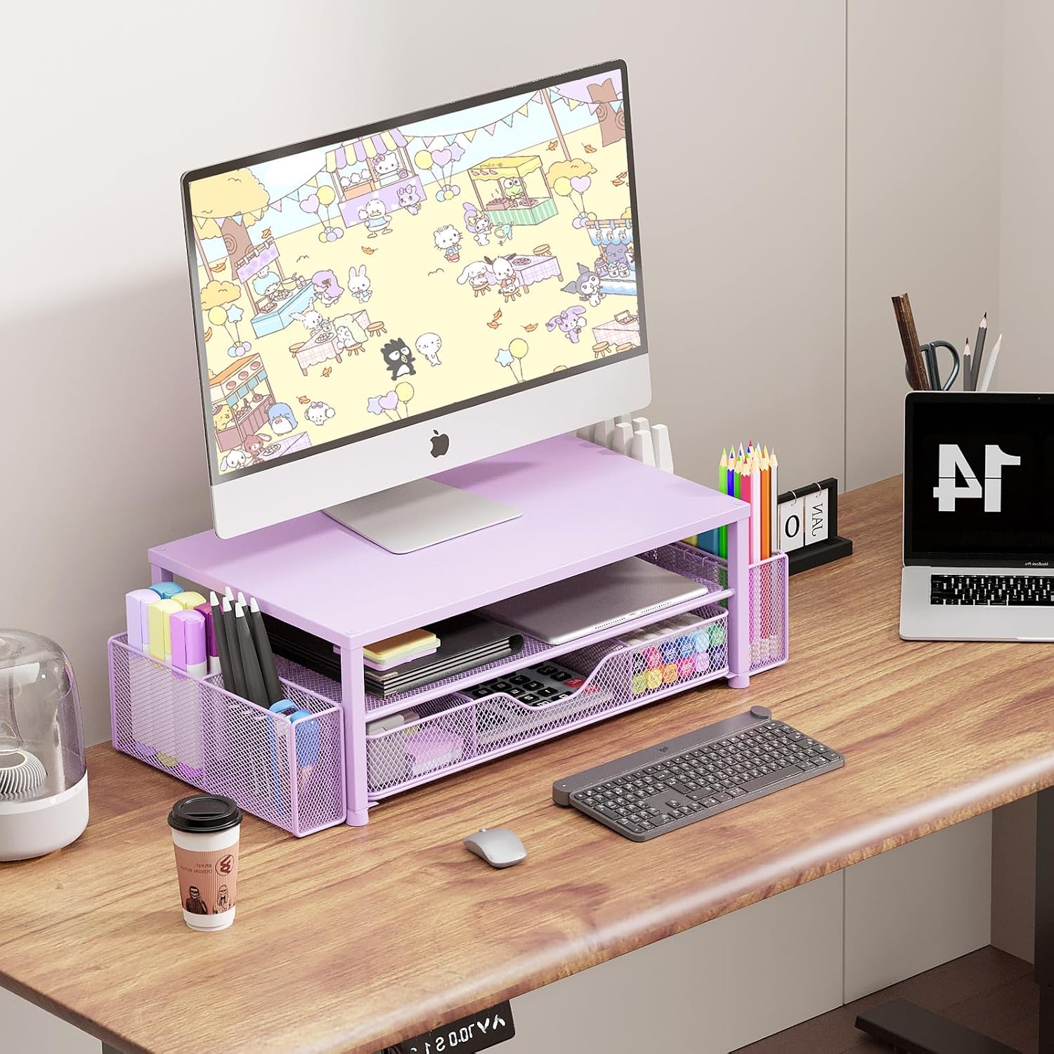 Desk Organizer and Accessories, 2-Tier Computer Monitor Stand Riser with Drawer and 2 Pen Holders, Laptop Stand, Office