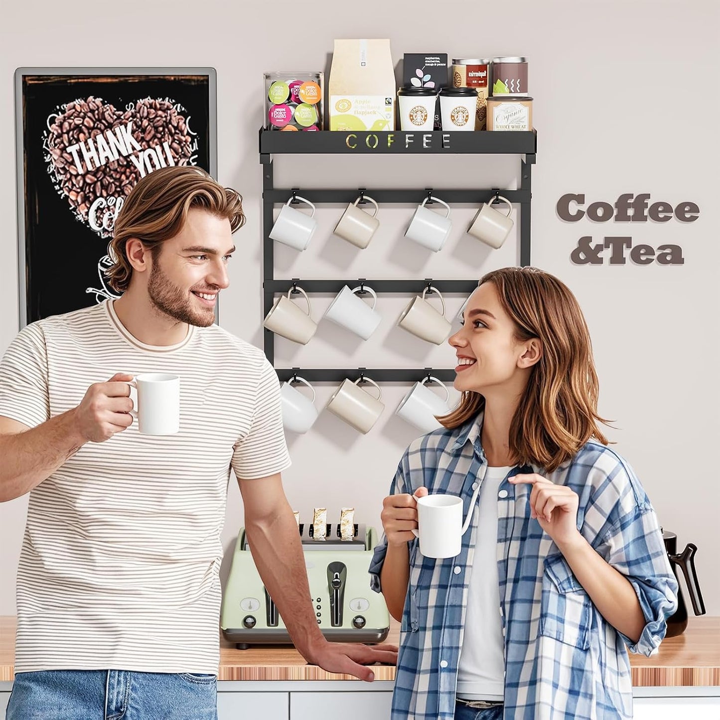 RCHYFEED Coffee Mug Holder Wall Mounted,Metal Mug Rack with 12 Movable Hook | Coffee Cup Holder with Large Storage