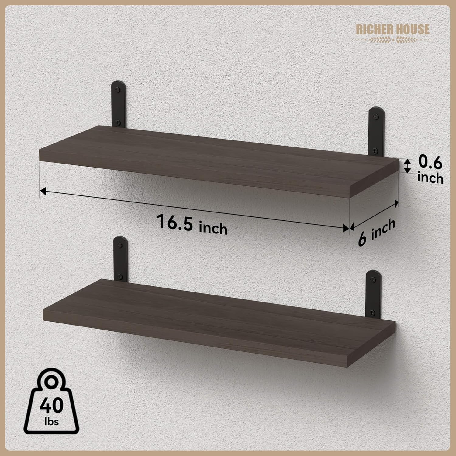 Rustic Wood Wall Shelves / Deep Brown / 16.54in / Set of 2