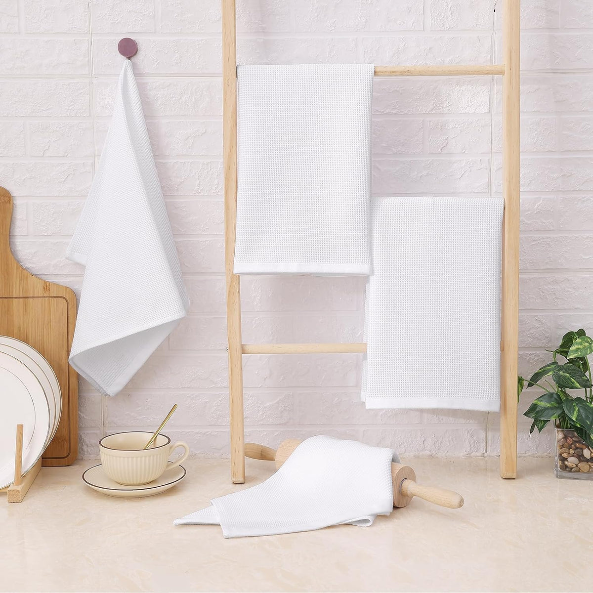 Homaxy 100% Cotton Waffle Weave Kitchen Towels, 12 Pack, White | Soft and Absorbent Dish Towels, 16 x 26 Inches Quick