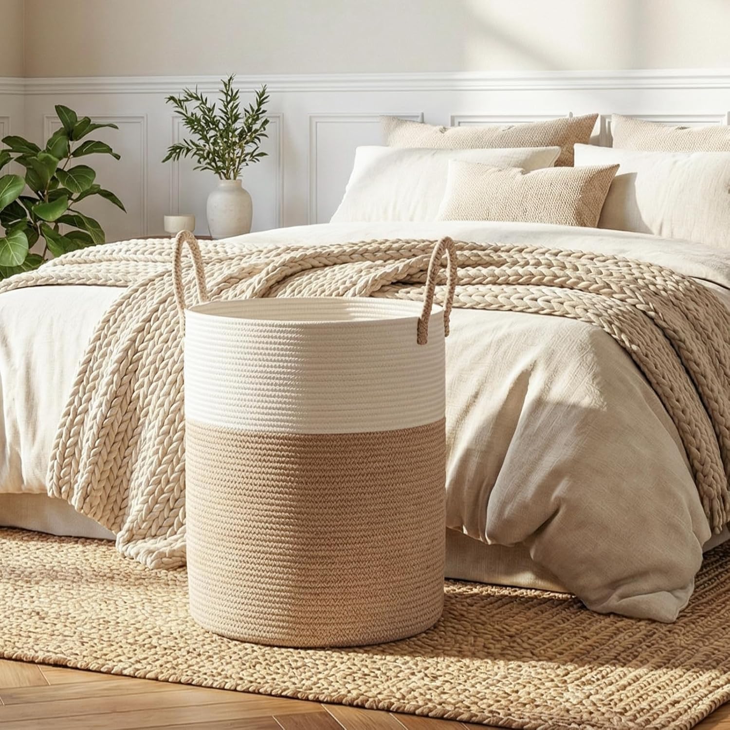 Cotton Rope Woven Basket for Blankets / Brown/white / 60L