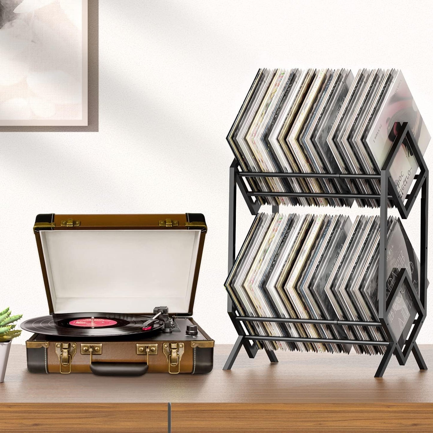 RUILALIFE 2-Tier-Vinyl-Record-Storage-Holder With Dividers, 200 LPs Albums Storage Rack Shelf, Steel Music Records