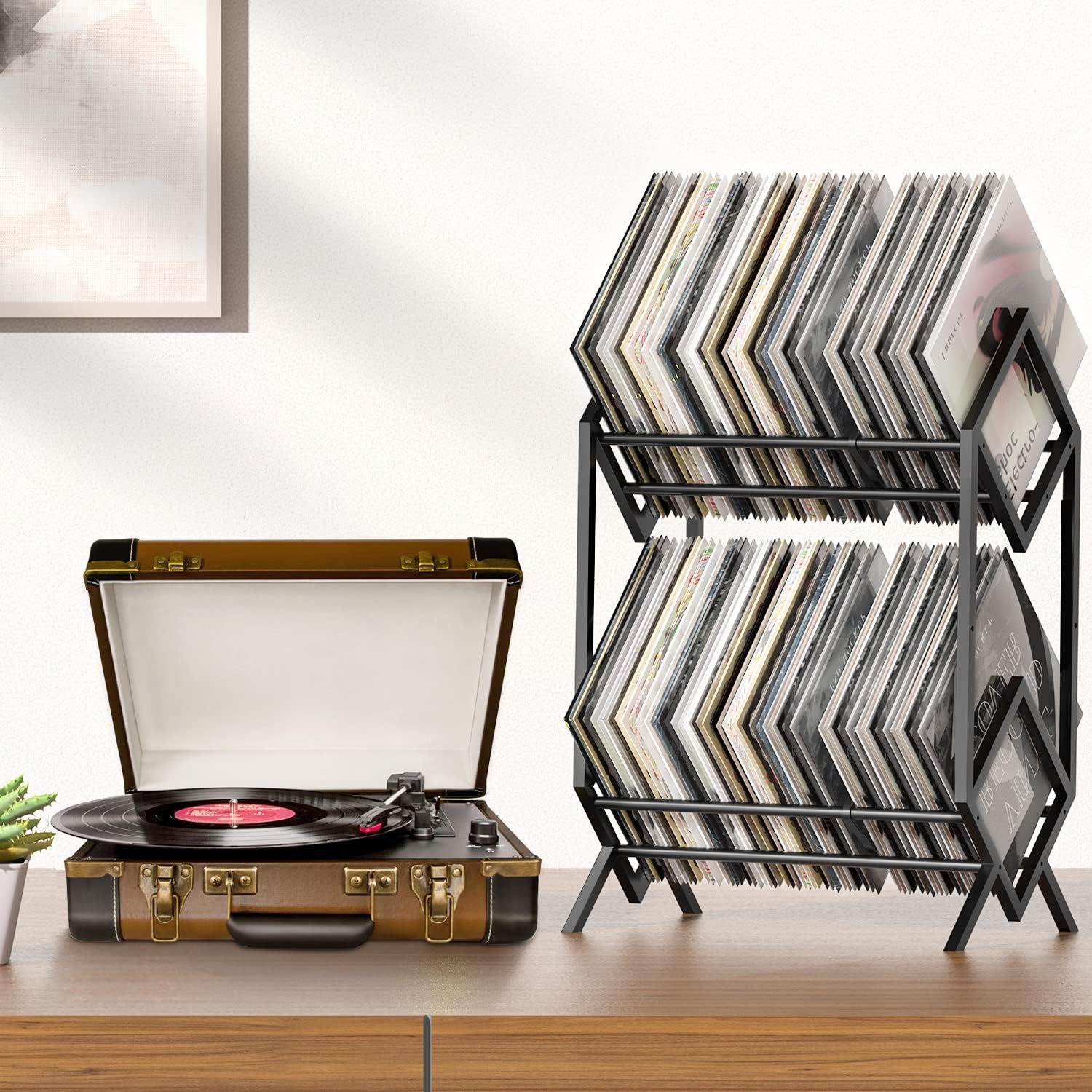 RUILALIFE 2-Tier-Vinyl-Record-Storage-Holder With Dividers, 200 LPs Albums Storage Rack Shelf, Steel Music Records
