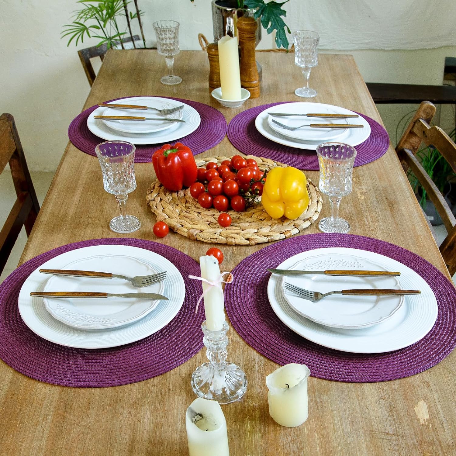 FunWheat Round Braided Placemats Set of 8 Table Mats for Dining Tables Woven Washable Non-Slip Place mats 15