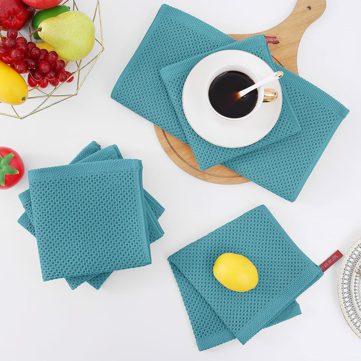 Homaxy 100% Cotton Waffle Weave Kitchen Dish Cloths 12-Pack, Lake Blue | 12 x 12 Inches, Ultra Soft Absorbent Dish