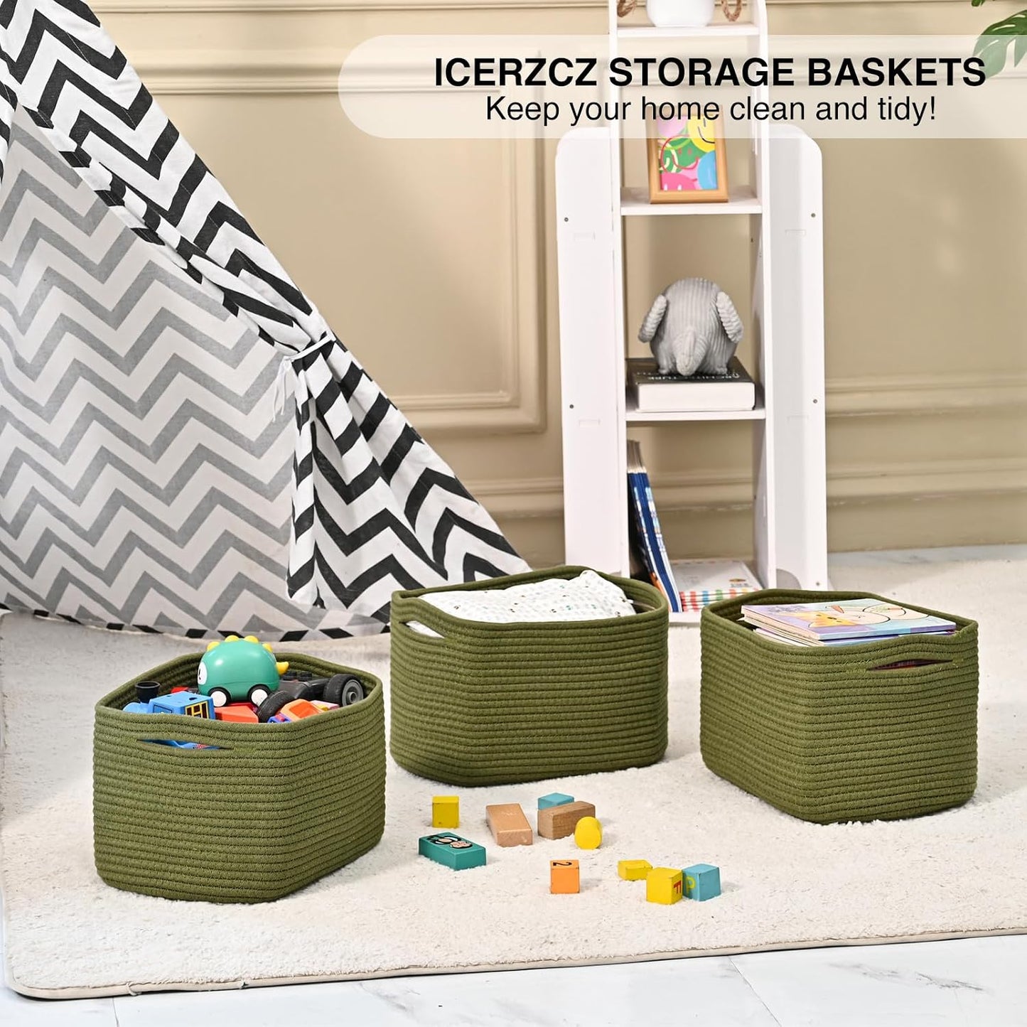 Woven Cotton Rope Baskets for Storage / Green