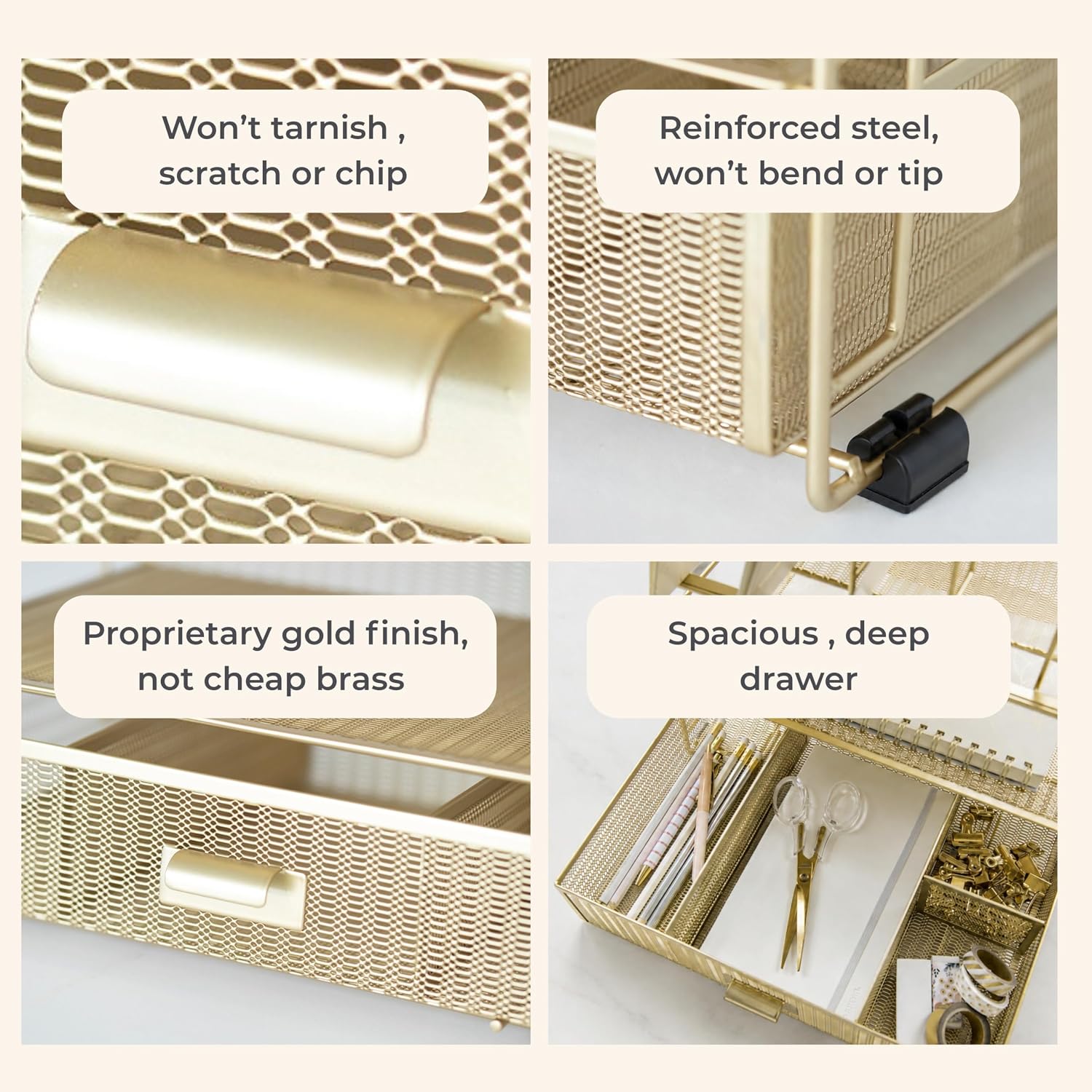 BLU MONACO | Gold Desk Organizer With Drawer | Metal Mesh File Holder & Vertical File Organizer | Desktop Storage for
