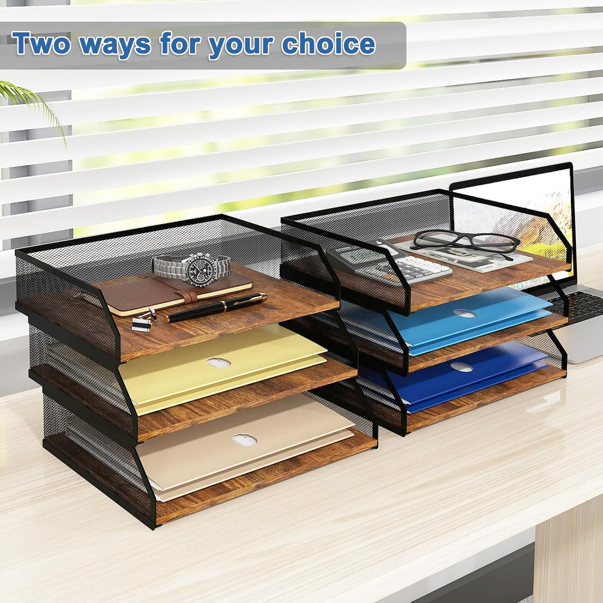 Natwind 3-Tier Stackable Metal Mesh Paper Organizer with Sliding Tray,Retro | Wooden Desk Organizer, Letter Tray For