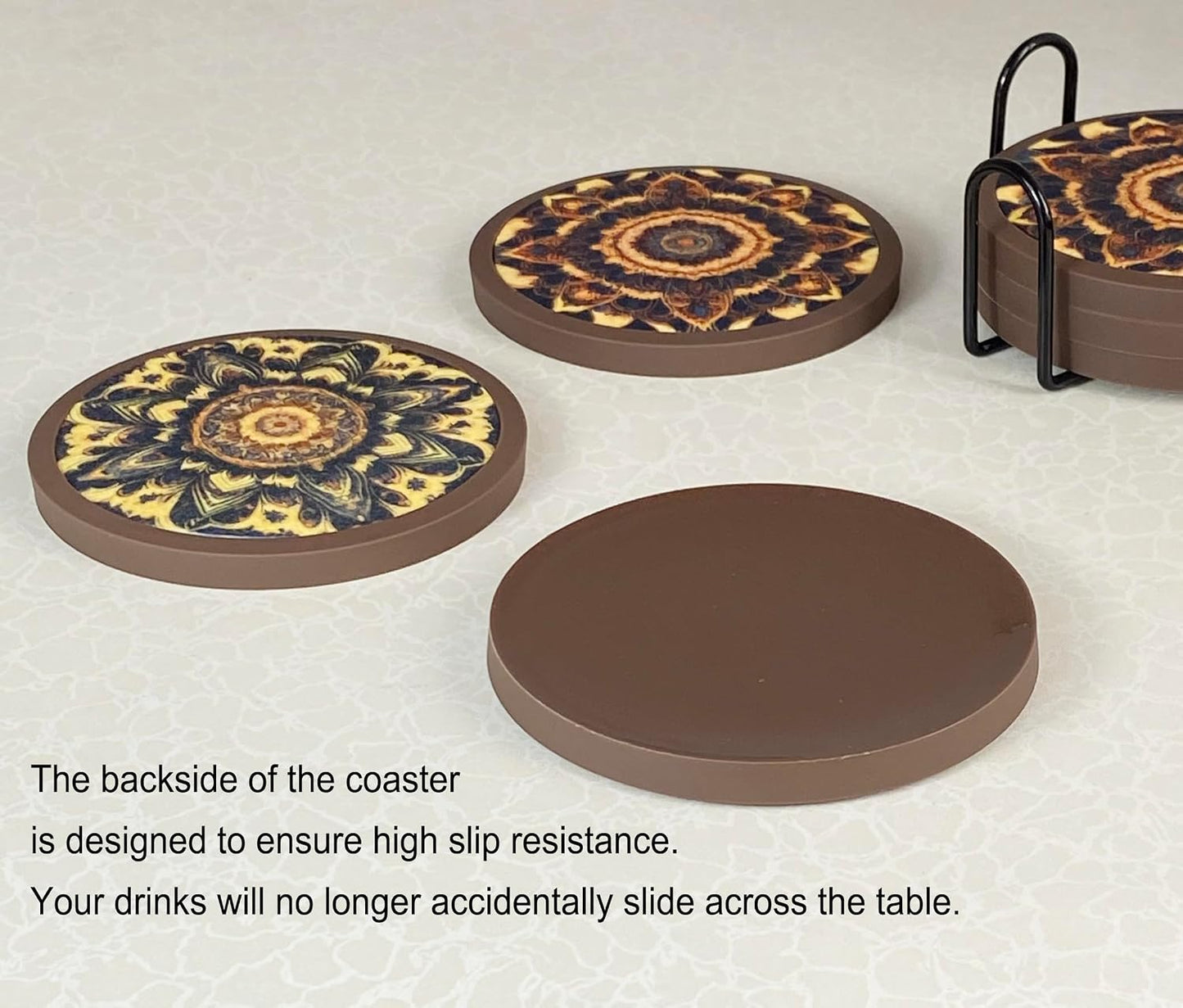 Holder / 4.3 Inch Coasters with 4.5 Inch Holder / Dual-sided Mandala-themed Patterns / 4.3 Inch