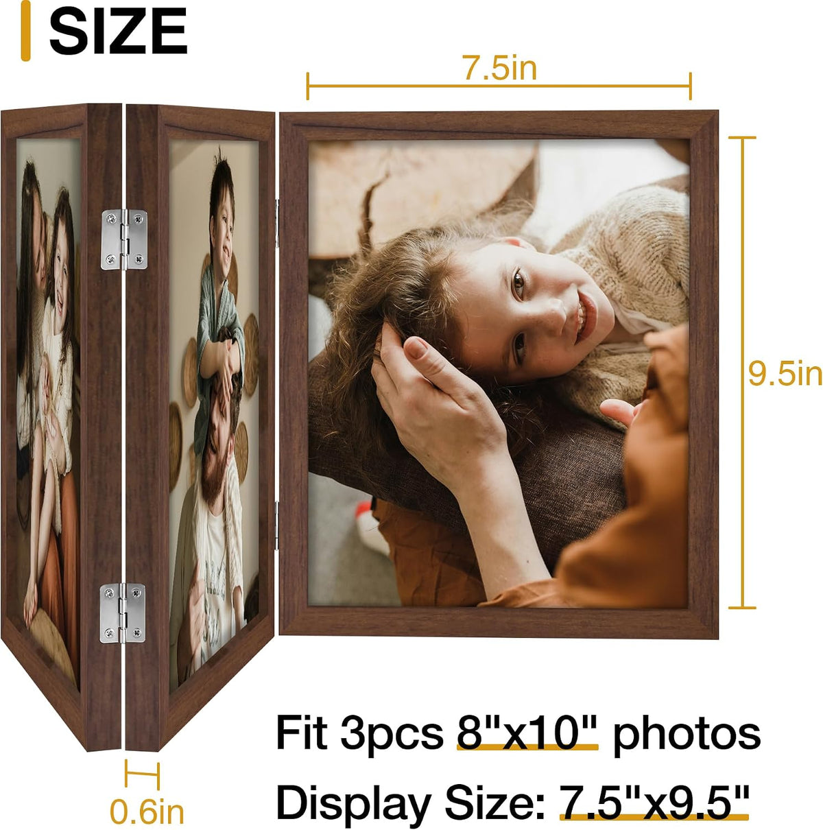 decorUhome Brown Triple 8x10 Picture Frame Vertical, MDBN08 | "Z" Shape Folding Design Engineered Wood Trifold Photo