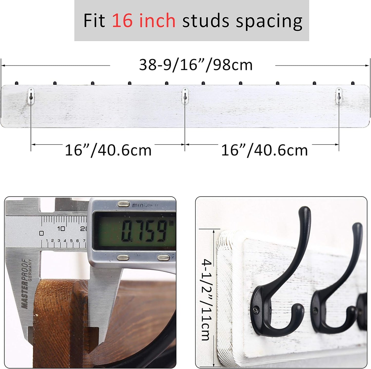 WEBI Coat Rack Wall Mount,10 Hooks,38 9/16" Long Coat Hooks Wall Mounted,16" Hole to Hole,Large Wood Coat Hanger