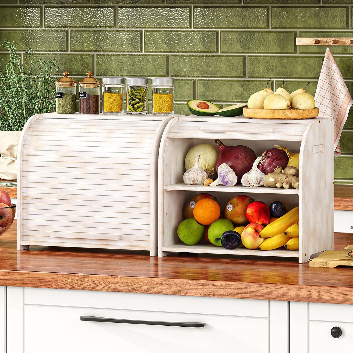 Trironsun Bamboo Roll Top Bread Box for Kitchen Countertop Large Capacity Bread Storage Bin 2 Layer Wooden Bread
