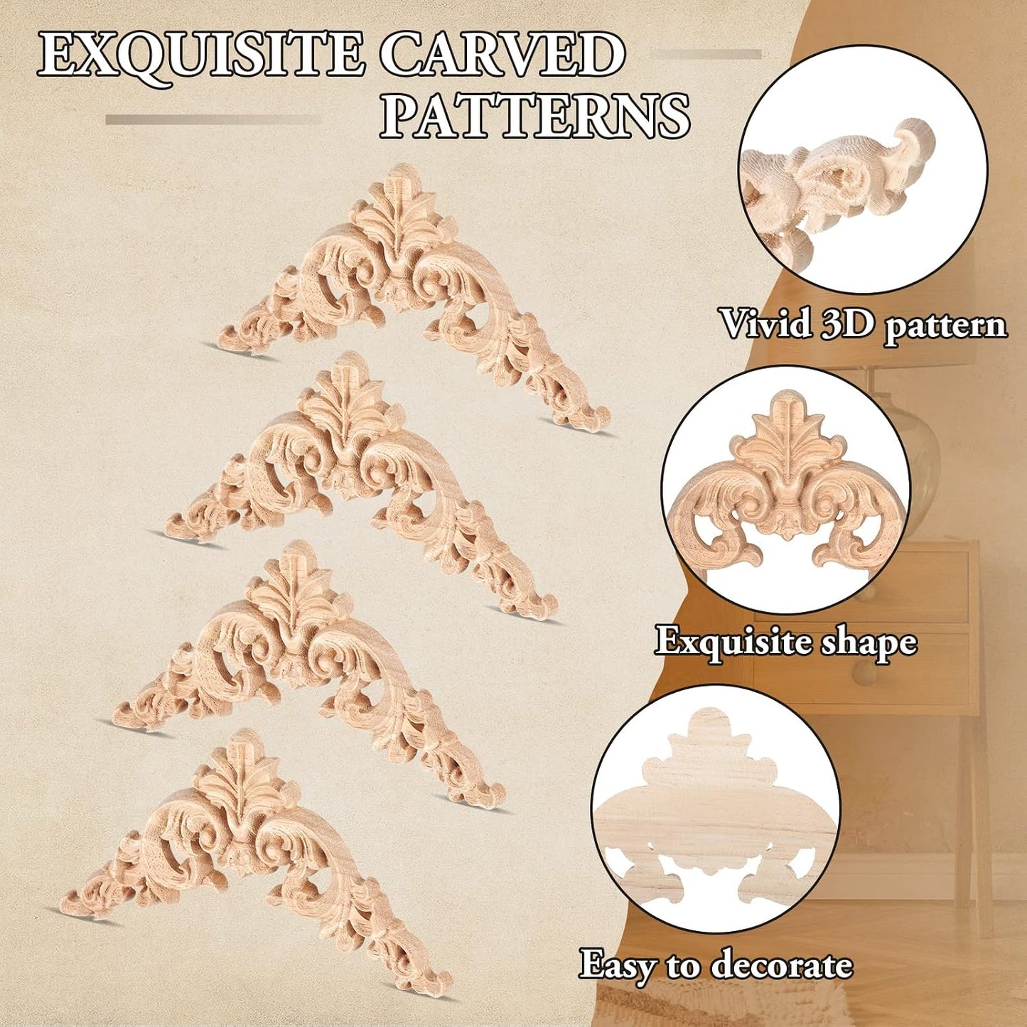 Wood Applique Corner Onlay Decorative Wood Applique DIY Wooden Carved / Delicate Style / Set of 20