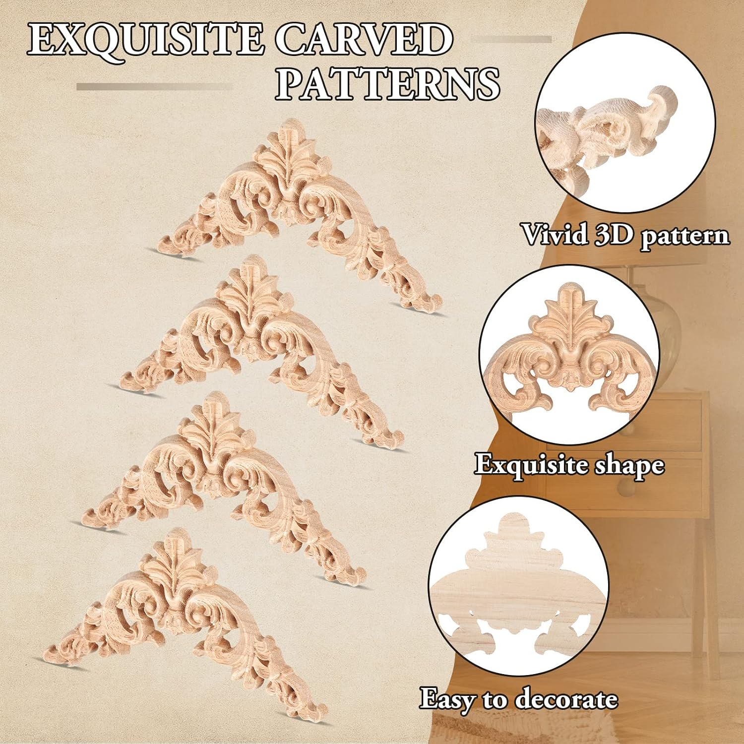 Wood Applique Corner Onlay Decorative Wood Applique DIY Wooden Carved / Delicate Style / Set of 20