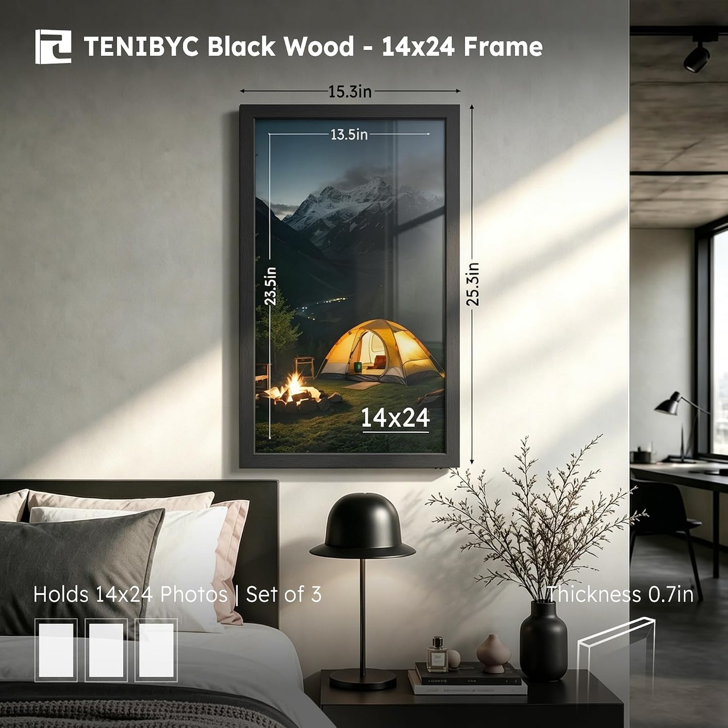 14x24 Picture Frame, Black Wood, 3 Pack, Wall Hanging for Poster | Thick Polished Plexiglass, Panoramic Poster Frame