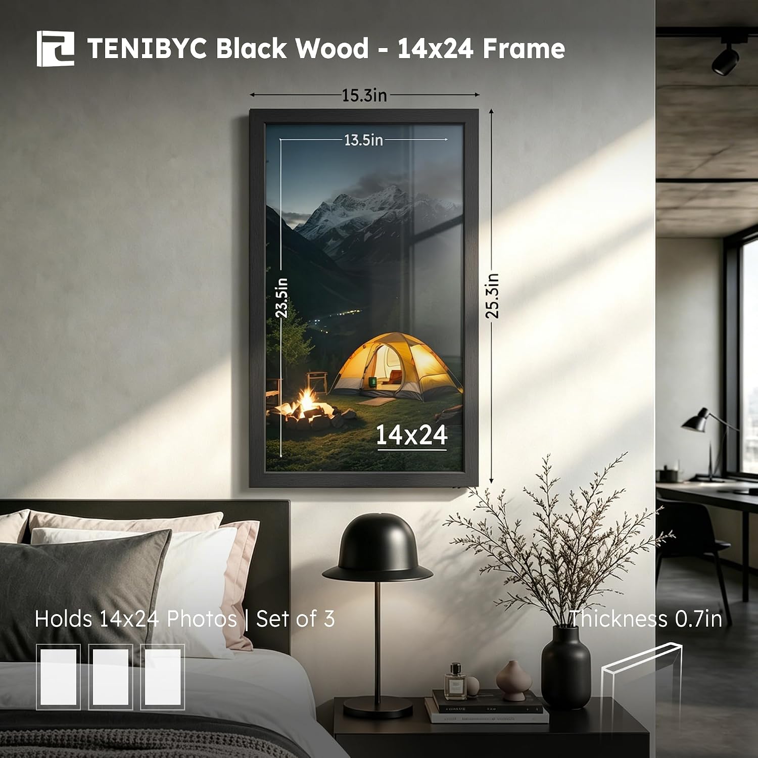 14x24 Picture Frame, Black Wood, 3 Pack, Wall Hanging for Poster | Thick Polished Plexiglass, Panoramic Poster Frame