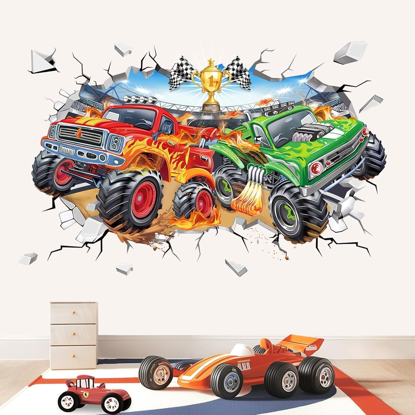 Large 3D Racing Car Wall Stickers Vehicles Truck Break Through Peel and Stick Wall Art / 3D Truck